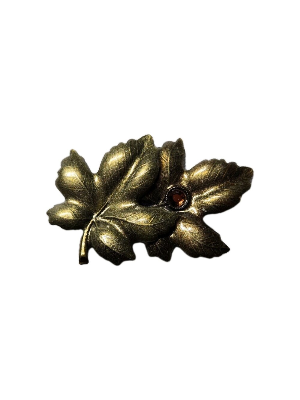 Vintage Gold Tone Leaf Brooch With Amber Rhinestone, Autumn Jewelry Pin EUC